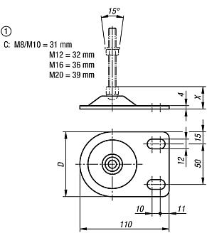 Levelling feet platessteel or stainless steel, Form C