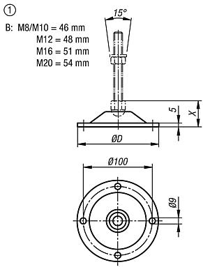Embase pour pied réglableacier ou Inox, forme B