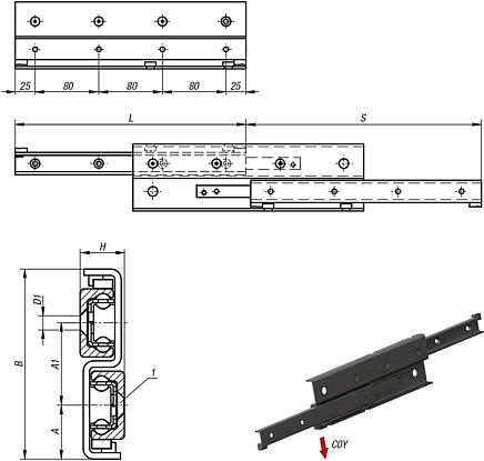 Telescopic slides, steel S-form, full extension, load capacity up to 459 kg