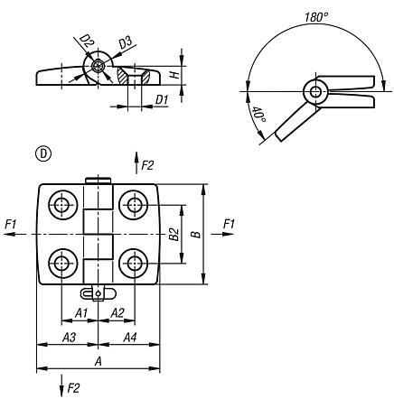 Charnières en plastique, séparables, démontables, forme D, avec axe de fixation/sûreté à enclenchement