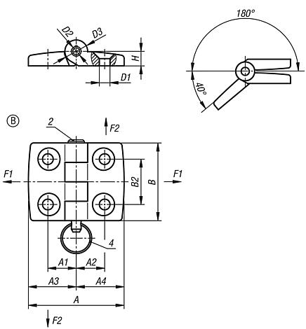 Charnières en inox, séparables, démontables, forme B, avec broche/tête et anneau porte-clés