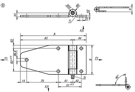 Strap hinges, steel or stainless steel, Form B, short leaf