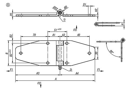 Charnières de fixation en acier ou en inox, forme A, bras long
