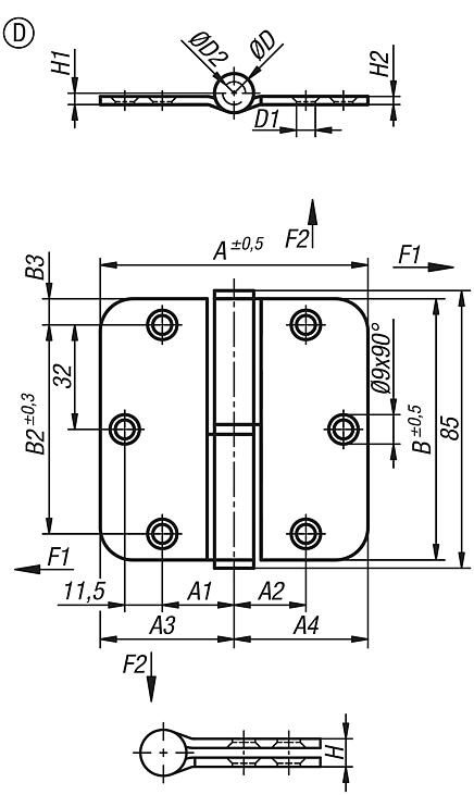 Strap hinges, steel or stainless steel, Form D, left-hand version