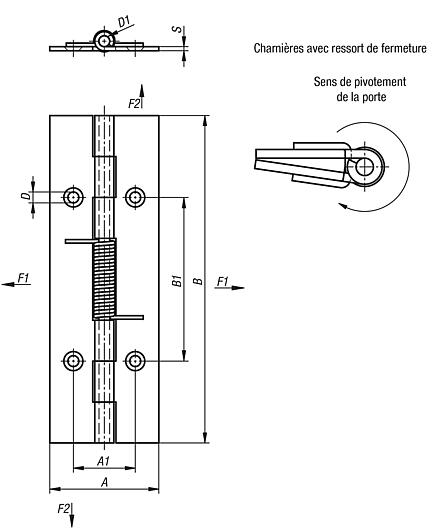 Charnières à ressort en acier, Inox ou aluminium 120 mm, fermeture à ressort
