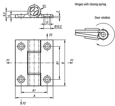 Spring hinges aluminium profile, 0.35 Nm, spring closed