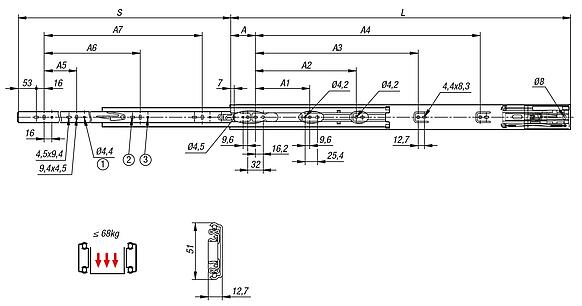 Steel telescopic slides for side mounting, full extension, load capacity up to 68 kg