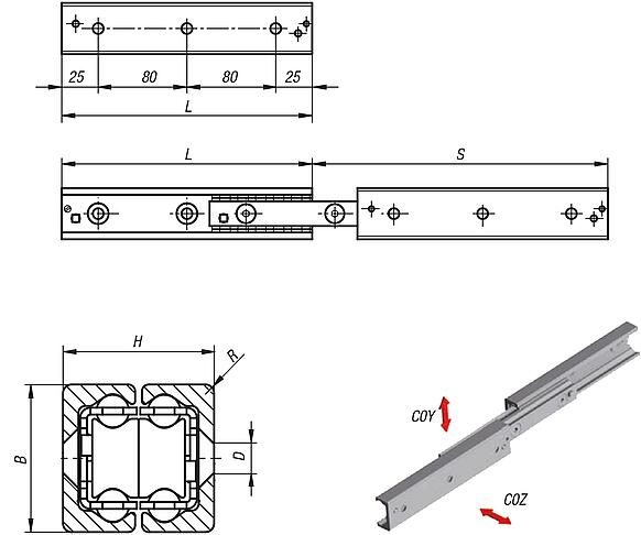Carriles telescópicos de acero disposición doble, extensión completa, capacidad de carga hasta 133 kg