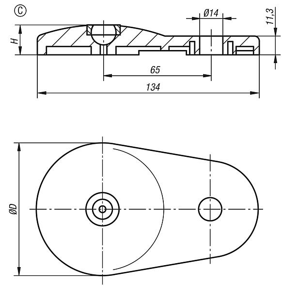 Embase en zinc injecté pour pieds articulés avec bride de fixation, forme C