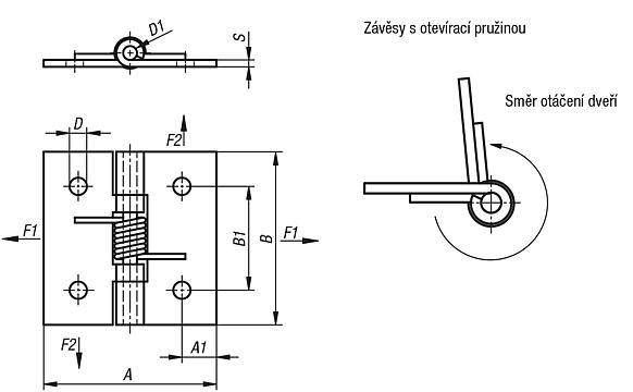 Pružinové závěsy z oceli, nerezové oceli nebo hliníku 50 mm, pružina otevírací