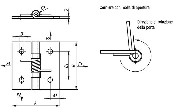 Cerniere a molla in acciaio, acciaio inox o alluminio 50 mm, molla di apertura