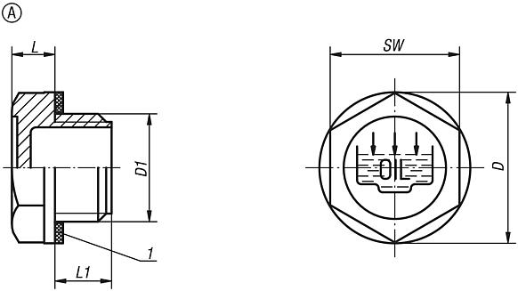 Tappi filettati forma A, con simbolo grafico di riempimento