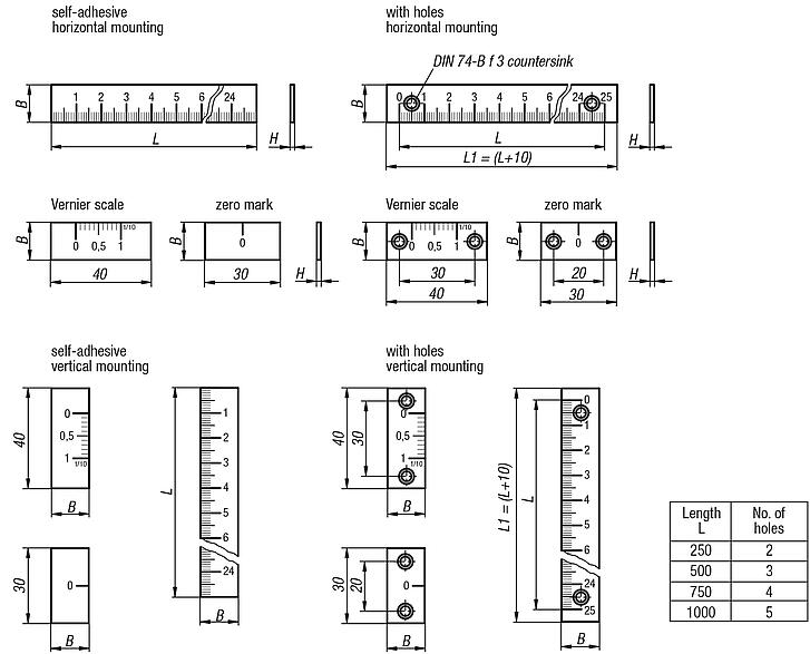 Linear scales self adhesive or with screw holes, aluminium