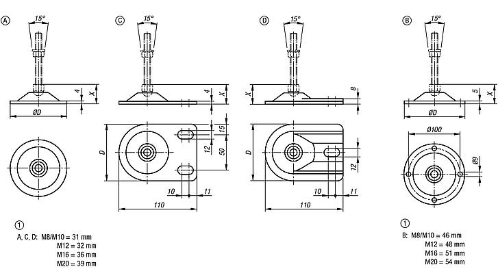 Embase pour pied réglable acier ou Inox