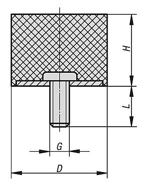 Tampone in gomma e acciaio inox tipo D cilindrico con filettatura esterna, grigio