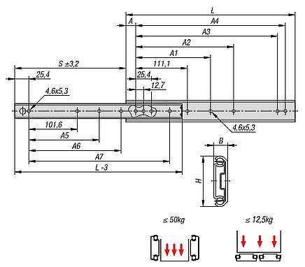 Carriles telescópicos de aceropara montaje lateral, extensión parcial, capacidad de carga hasta 50 kg