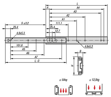 Telescopic slides, steel for side mounting, partial extension, load capacity up to 50 kg