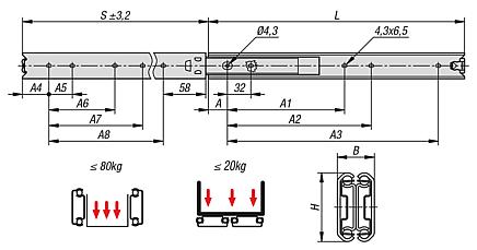 Guide telescopiche in acciaio inox per il montaggio laterale, estrazione totale, capacità di carico fino a 80 kg