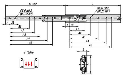 Telescopic slides, steel for side mounting, over-extension, load capacity up to 160 kg