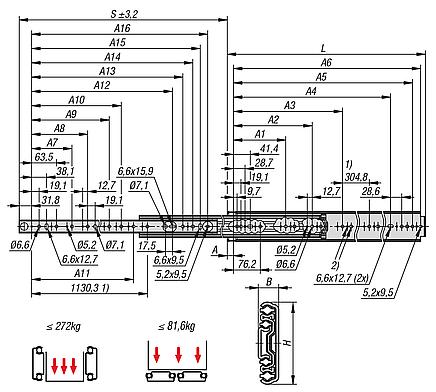 Telescopic slides, steel for side mounting, full extension, load capacity up to 272 kg