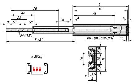 Telescopic slides, aluminium for side mounting, full extension, load capacity up to 300 kg