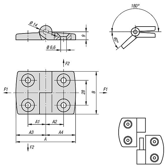 Scharniere aus Aluminium, aushängbar, rechts