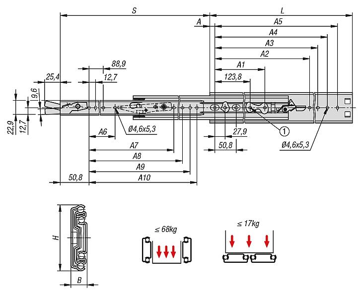 Steel telescopic slides for side mounting, over-extension, load capacity up to 68 kg