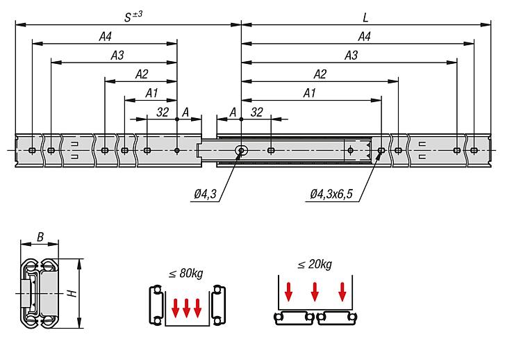 Carriles telescópicos de acero inoxidable para montaje lateral, con extensión completa, capacidad de carga hasta 80 kg