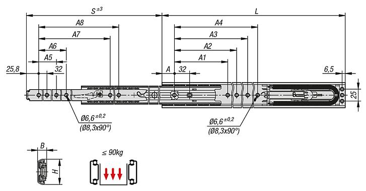 Carriles telescópicos de acero inoxidable para montaje lateral, con extensión completa, capacidad de carga hasta 90 kg