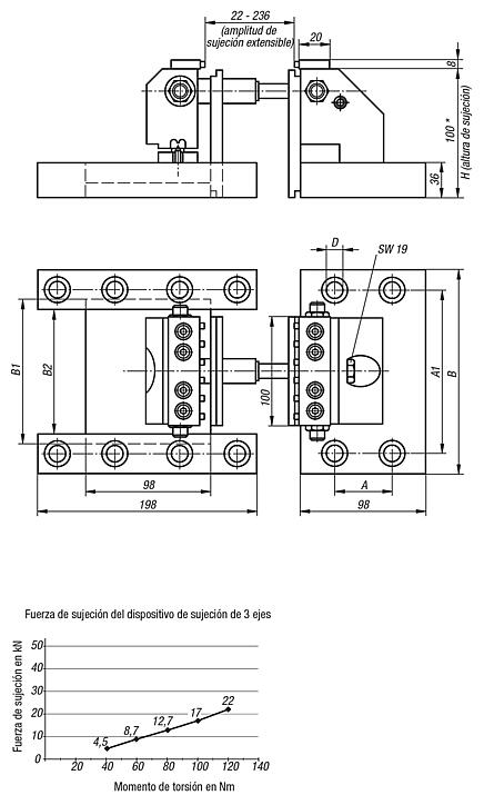 Dispositivo de sujeción de 3 ejes para placas de retícula