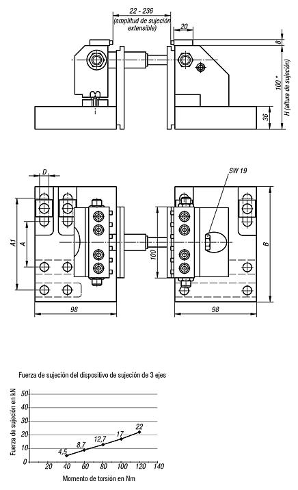 Dispositivo de sujeción de 3 ejes para ranuras en T