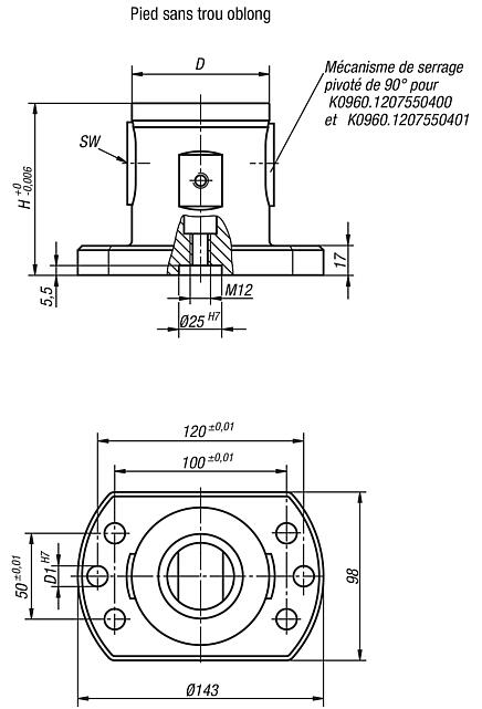 Module de base 5 axes UNILOCK à pas de 80 mm, pied sans trou oblong
