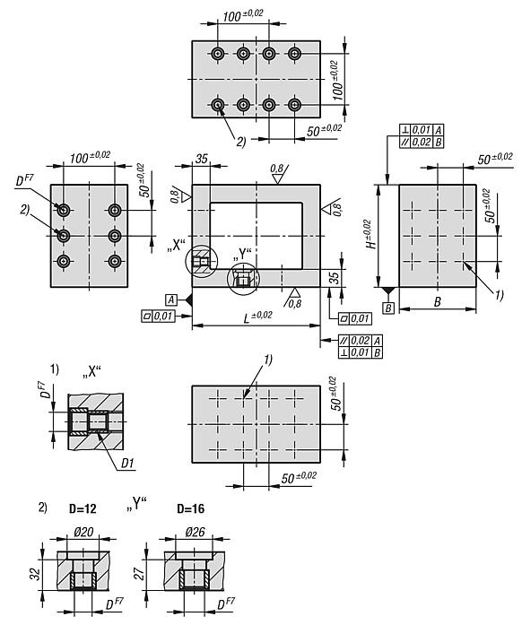 Tooling blocks, grey cast iron with grid holes