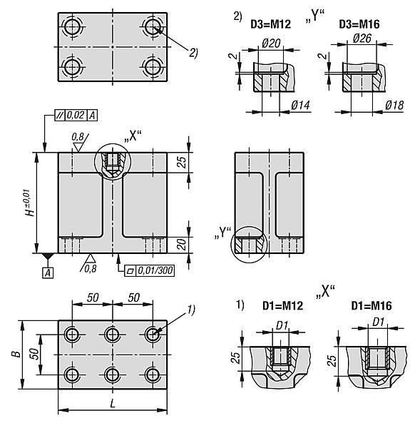 Riser blocks, grey cast iron Form H, long version