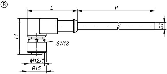 Connecteur à douille M12x1 avec verrouillage à vis, forme B, douille coudée