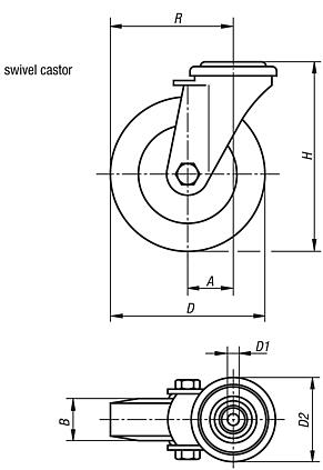 Appliance swivel castors with solid rubber tyres, standard version