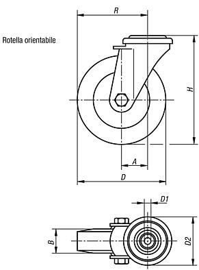 Ruote orientabili per apparecchiature con pneumatici in gomma piena, versione standard