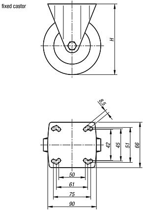 Steel plate fixed castors, electrically conductive with rubber tread, heavy duty version