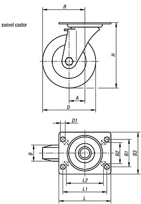 Steel plate swivel castors, electrically conductive with rubber tread, standard version
