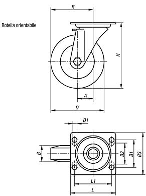 Ruote orientabili in lamiera d'acciaio con pneumatici in gomma piena elastica vulcanizzata, versione standard