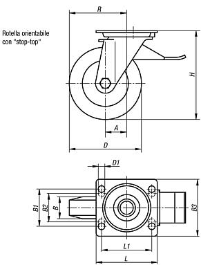 Ruote orientabili in lamiera d'acciaio con sistema stop-top, con pneumatico in gomma piena elastica rinforzata con filo d'acciaio, versione robusta