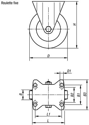Roulettes fixes en tôle d’acier avec bande de roulement en polyuréthane résistant à l’usure, modèle standard