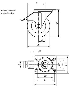 Roulettes pivotantes en tôle d’acier avec système «°stop-fix°», avec bande de roulement en élastomère de polyuréthane, modèle lourd