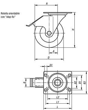 Ruote orientabili in lamiera d'acciaio con sistema stop fix e superficie di scorrimento in poliuretano elastomero, versione robusta