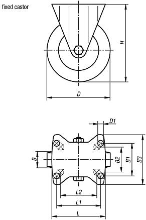 Steel plate fixed castors with elastic solid rubber tread, medium load version