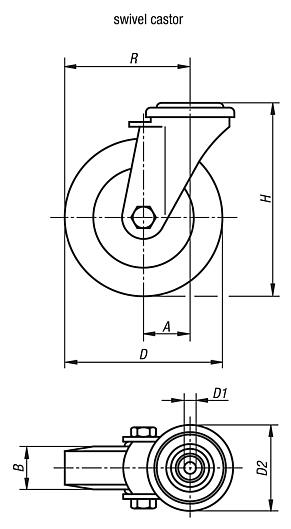 Steel plate swivel castors with soft rubber tyres and bolt hole