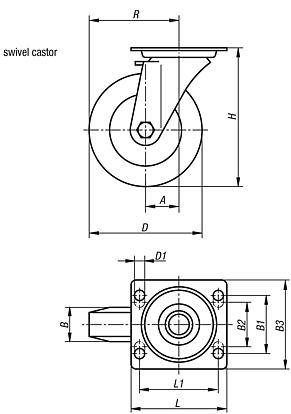 Steel plate swivel castors with polyamide wheels, standard version