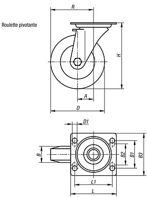 Roulettes pivotantes en tôle d’acier avec roue en polyamide, modèle lourd, roulement lisse ou à billes