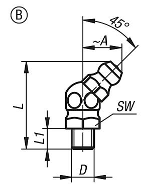 Nottolino di lubrificazione a forma conica a norma DIN 71412, forma B, a 45°, esagonale