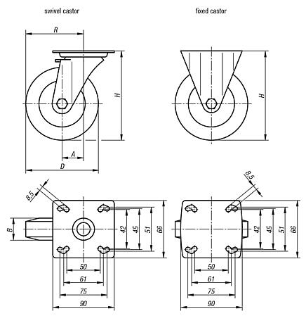 Swivel and fixed castors, steel plate, electrically conductive, heavy-duty version